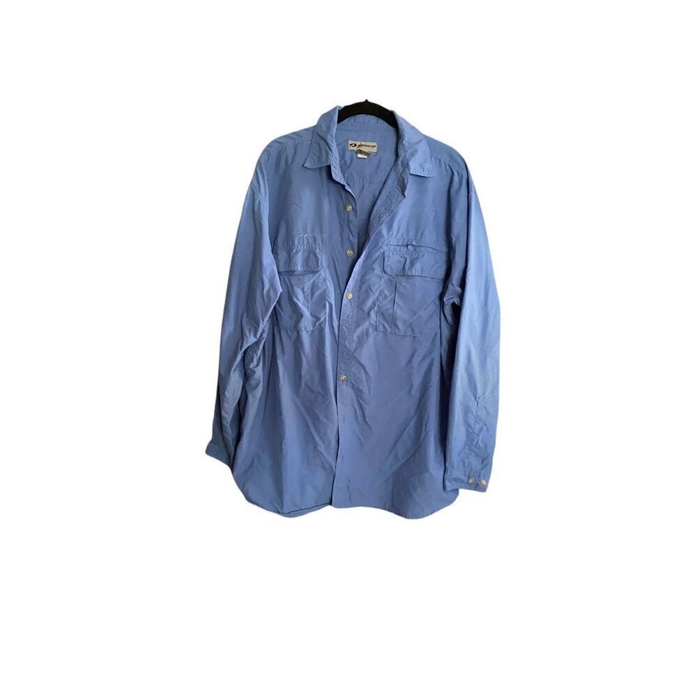 Sportif men’s long sleeve, blue performance button down shirt, size large